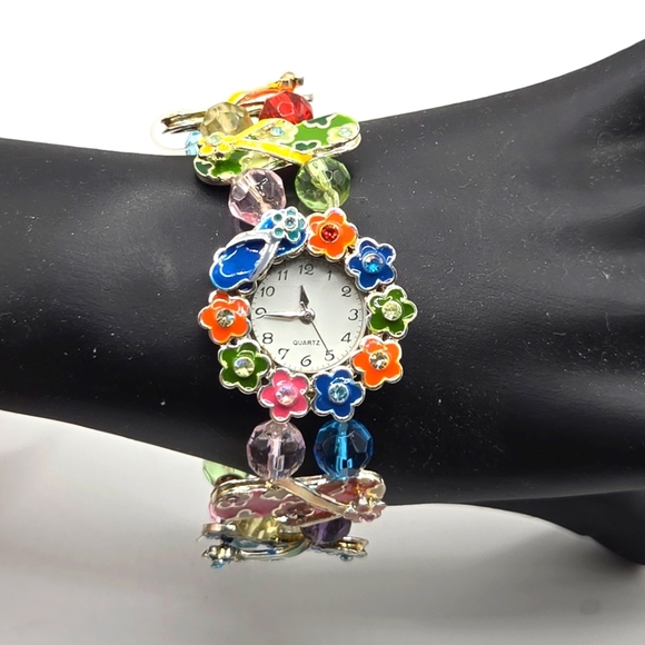 Womens Beachy Colorful Beaded Floral Flip Flop Rhinestone Elastic Bracelet Watch - Picture 1 of 6